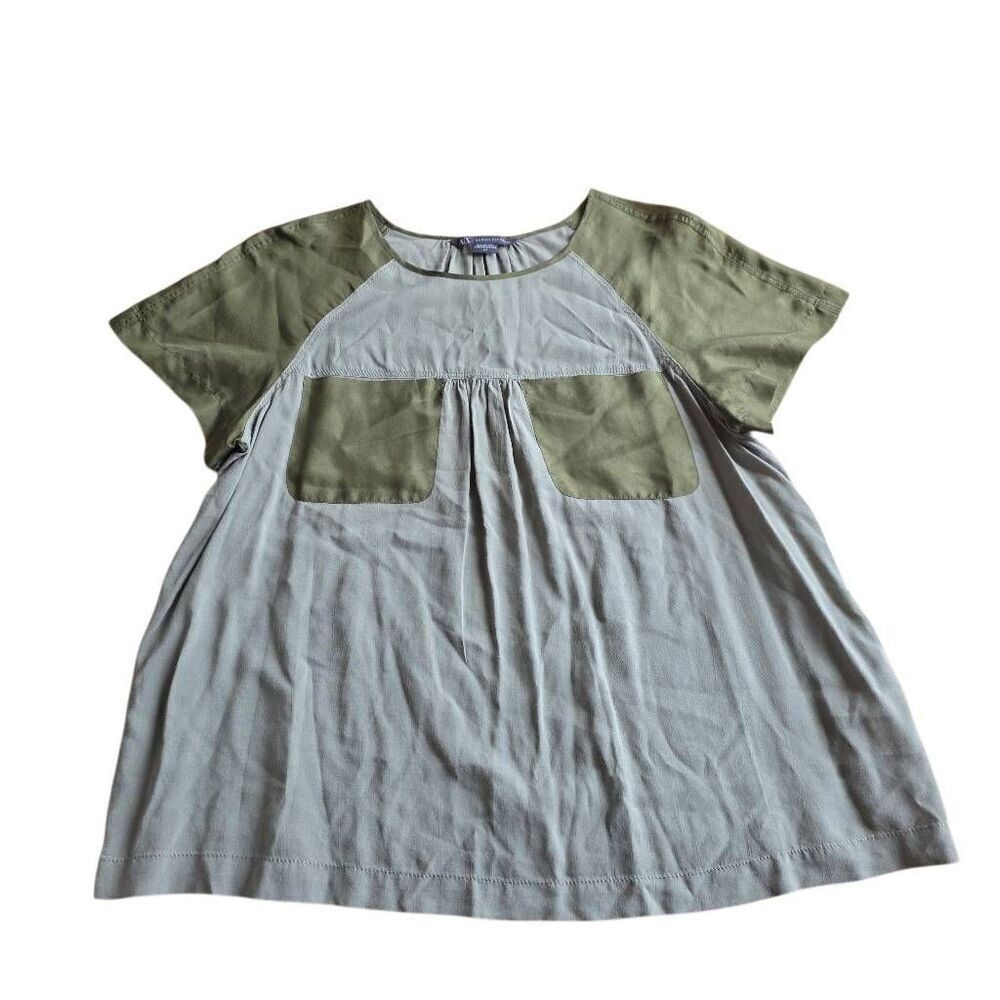 Armani Exchange womens Sz S olive short sleeve front Pockets mulberry silk top